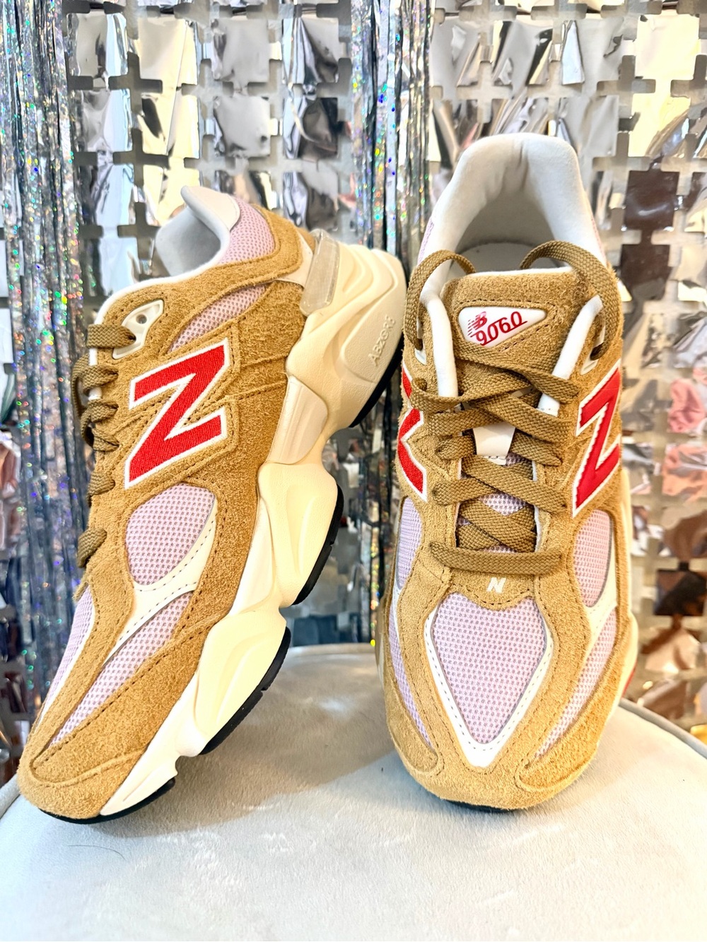 New Balance Women's Sneakers in Camel, Pink & Red Accent
